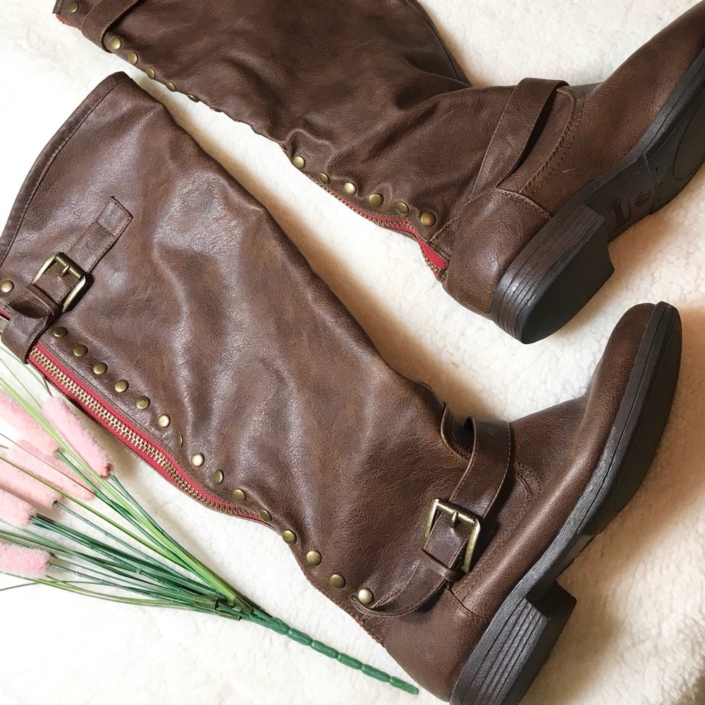 Studded buckled red zipper brown knee high boots